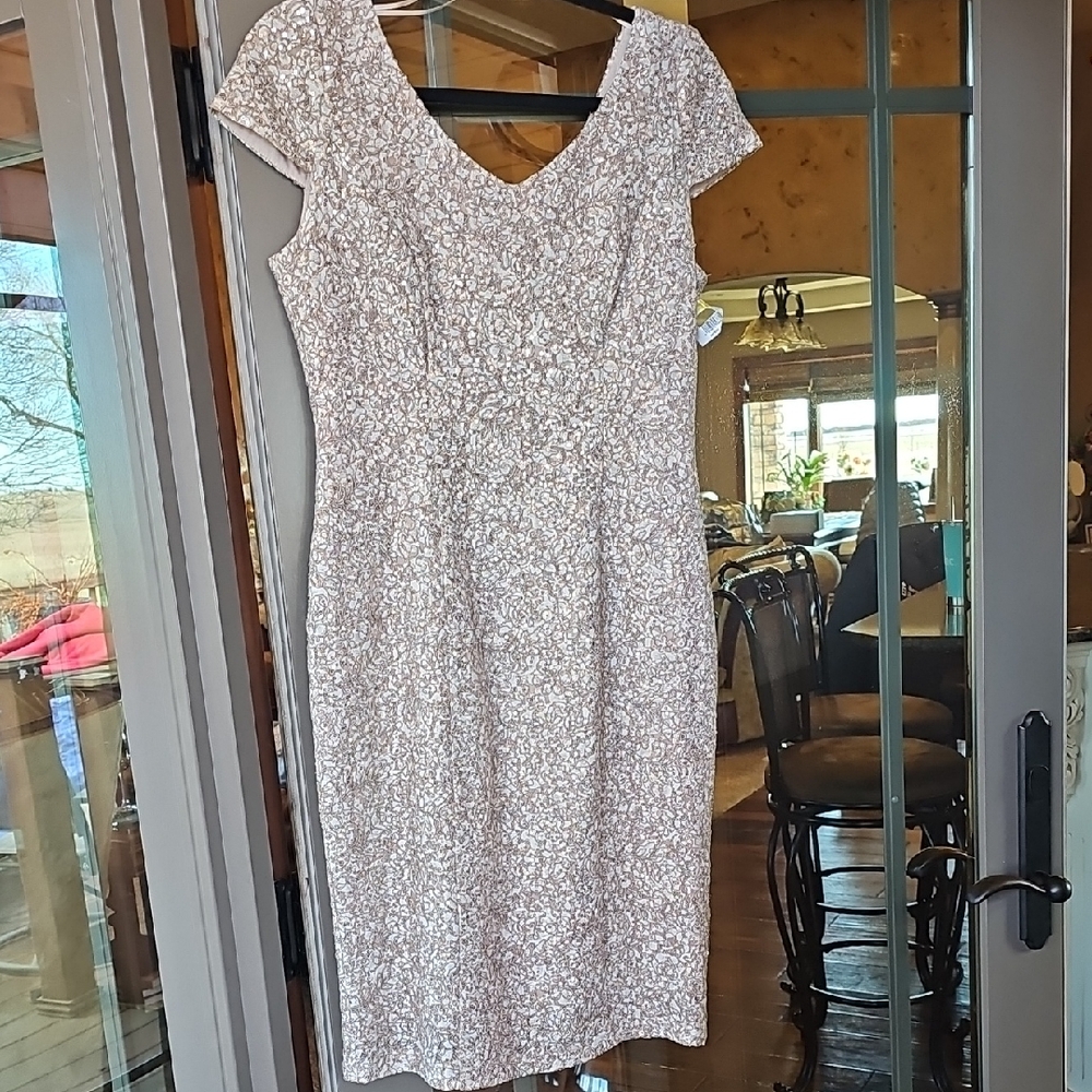 Alex Evenings Lace-Textured Cap Sleeve Midi Dress in Light Beige